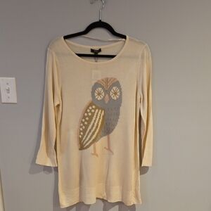Cupio Cream Long Sleeve Top with Owl Design Tunic Sweater Size L NWT